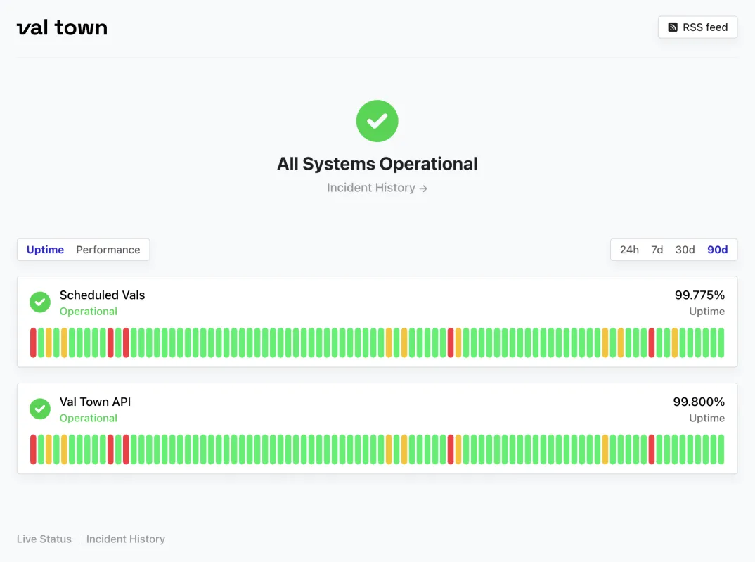 Screenshot of the new Val Town status page